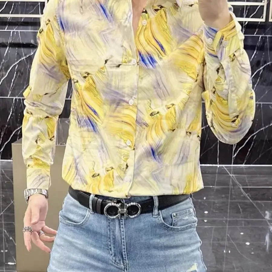 M&T Wear - Spring and Autumn High-end Long-sleeved Men's Fancy Shirt Micro-Stretched Slim Personalized Fashion Printed Shirt - M&T Wear