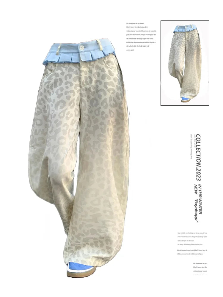 Beige Leopard Print Y2K Baggy Jeans