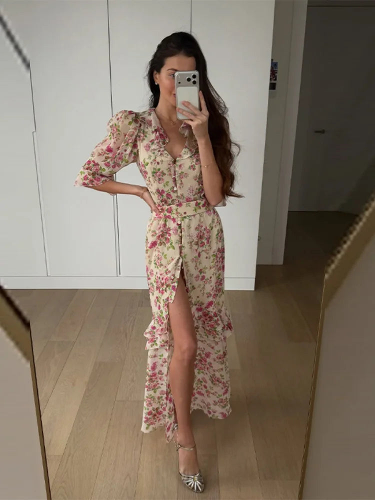 Vintage Polka Dot Puff-Sleeve Maxi Dress