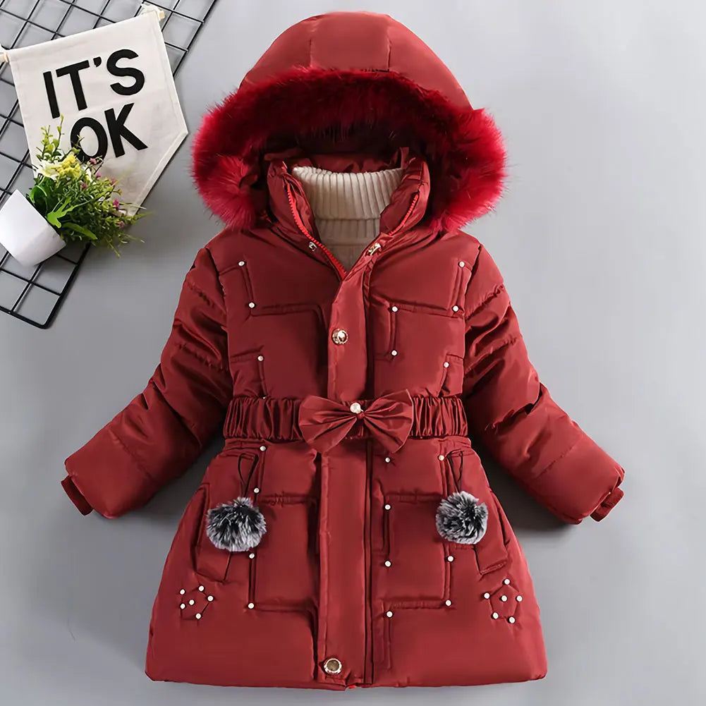 M&T Wear - Children's Winter Jacket Thick Warm Fur Collar Hood Beads Elastic Waist Teens Girls Down Coat,Fashion Windproof Kids Overcoat - M&T Wear