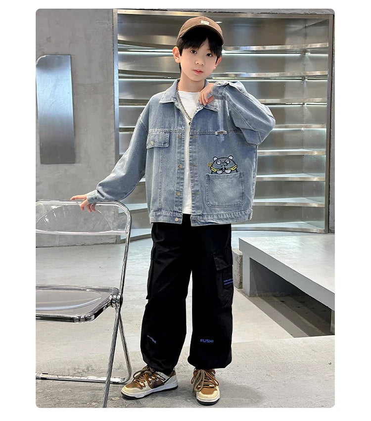 M&T Wear - Kids Denim Jacket Boys Jeans Coat Clothing Fashion Baby Boy Denim Jacket With Cartoon Embroidery Child Casual Streetwear Outfit - M&T Wear