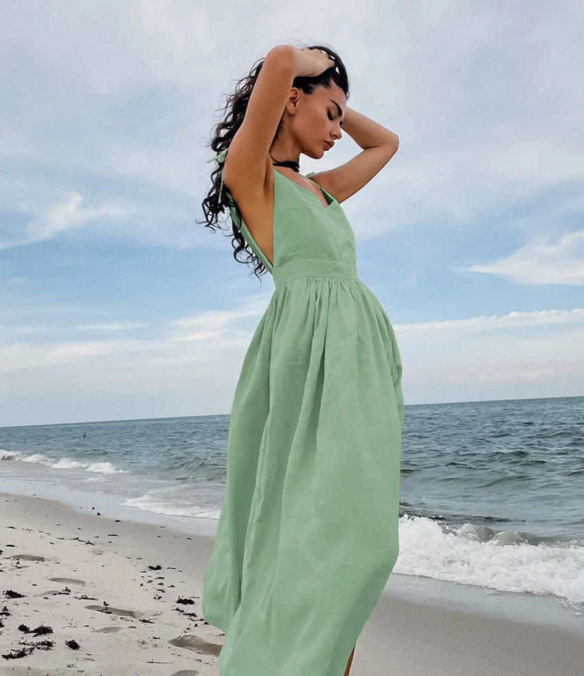 Elegant Backless A-Line Linen-Look Dress