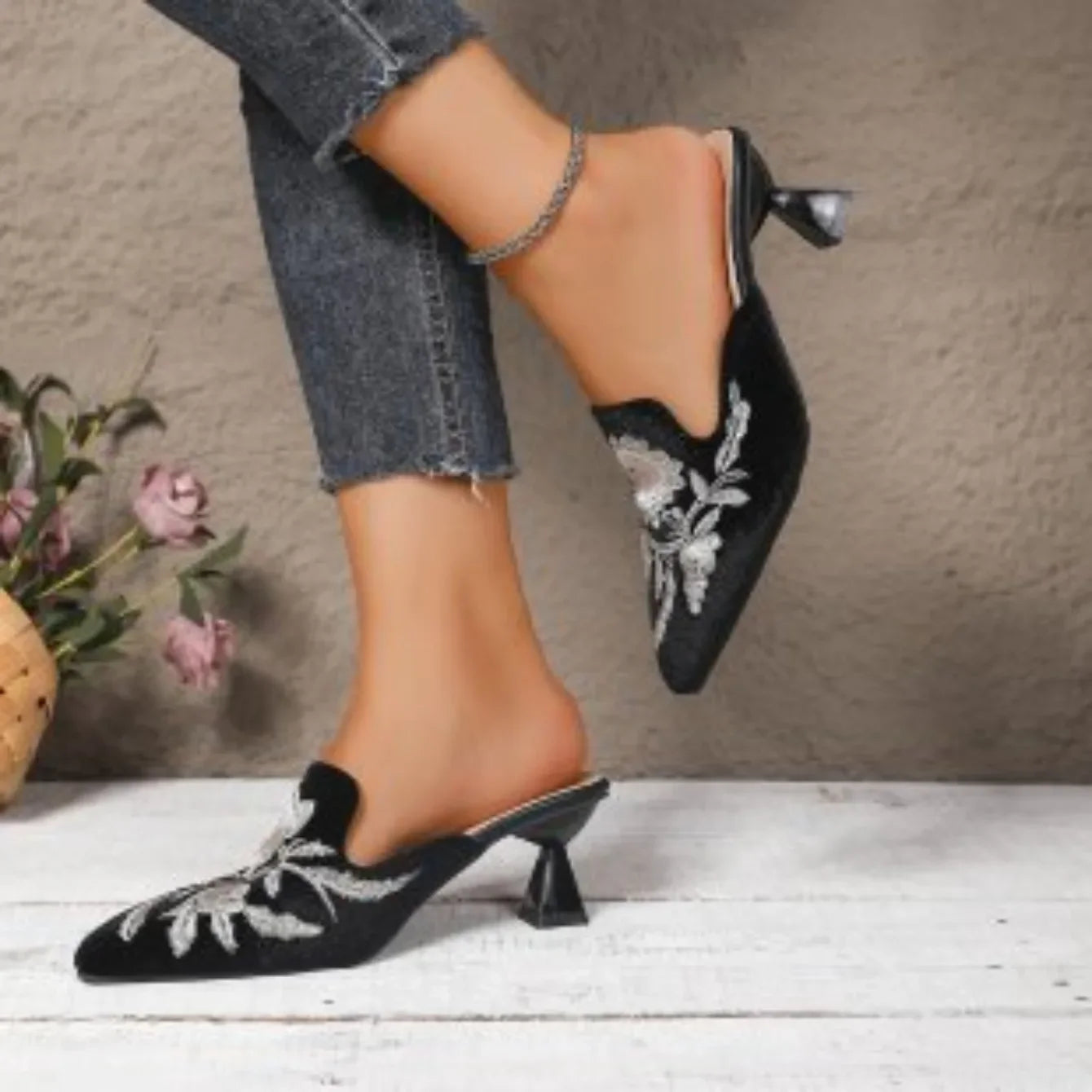 M&T Wear - Elegant Embroidered Square Toe High Heel Slides