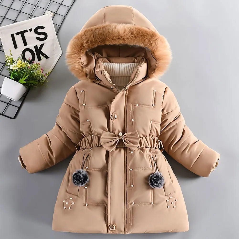 M&T Wear - Children's Winter Jacket Thick Warm Fur Collar Hood Beads Elastic Waist Teens Girls Down Coat,Fashion Windproof Kids Overcoat - M&T Wear
