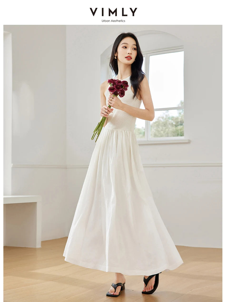 M&T Wear - VIMLY Women White Knit Vest Long Dresses Summer New Simple Elegant Sleeveless Waisted Temperament Party Evening A-Line Dress - M&T Wear