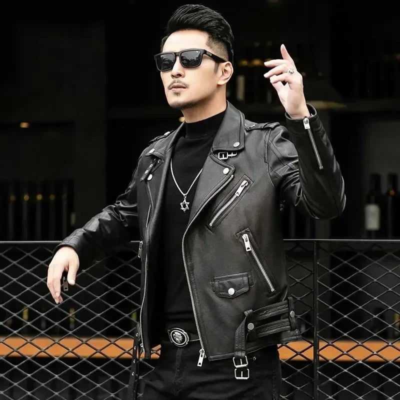 M&T Wear - Men Outdoor Sport Leather Jacket Motorcycle Cool Coat Jacket Men Lapel Leather Jackets Mens Fashion Clothing Real Leather Coat - M&T Wear