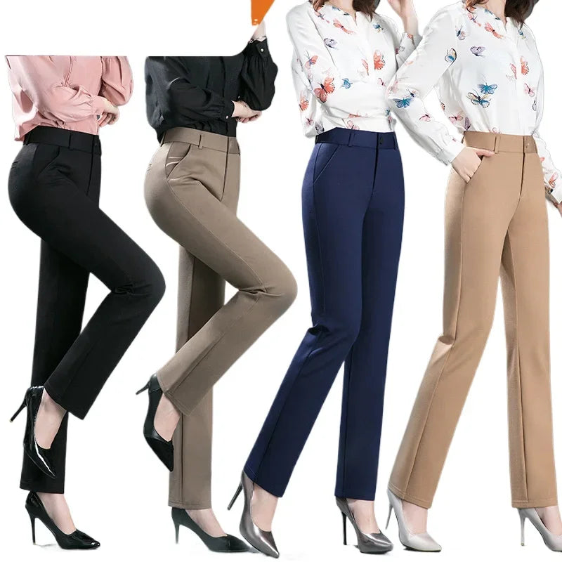 High-Waist Stretch Straight-Leg Casual Trousers