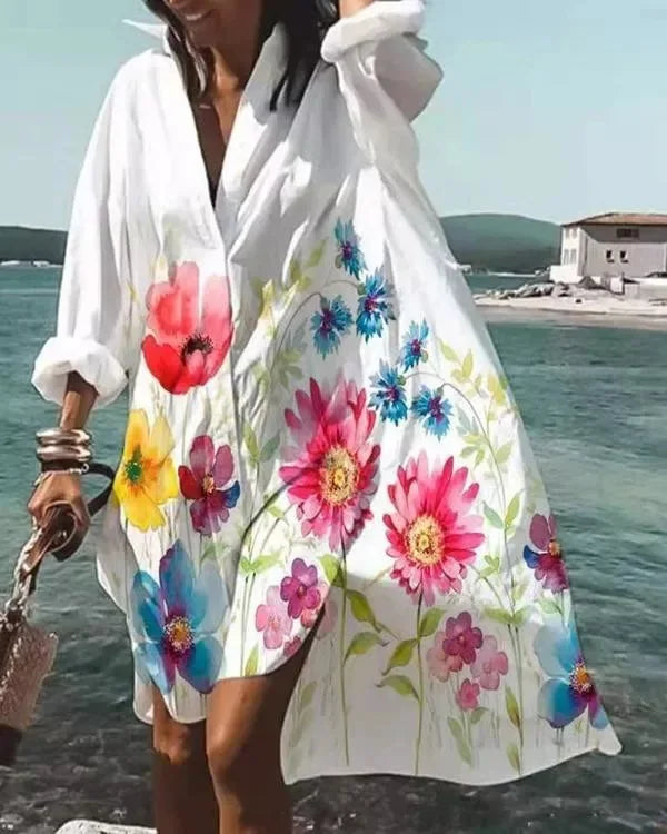 Printed Loose V-Neck Shirt Dress