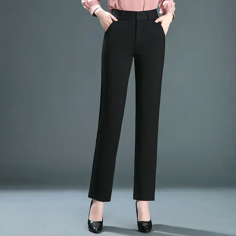 High-Waist Stretch Straight-Leg Casual Trousers