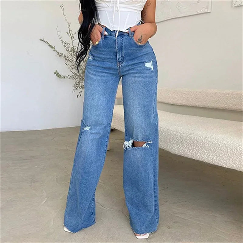 Knee-Distressed High-Waist Straight Jeans
