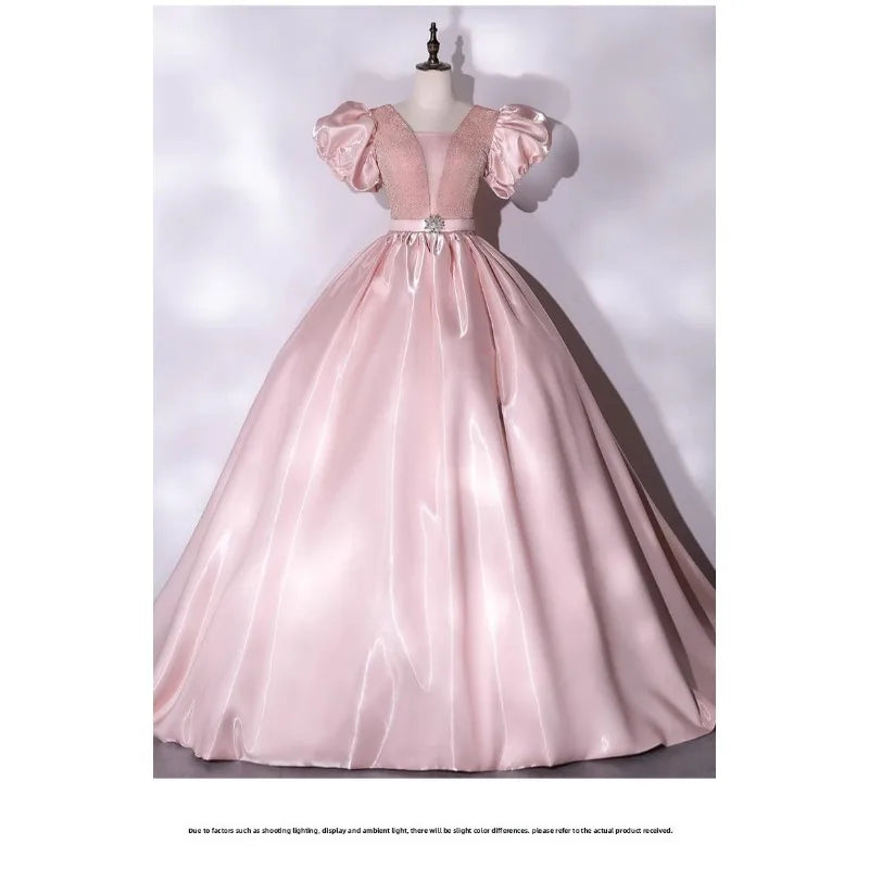 Princess Sleeve Satin & Mesh Evening Gown