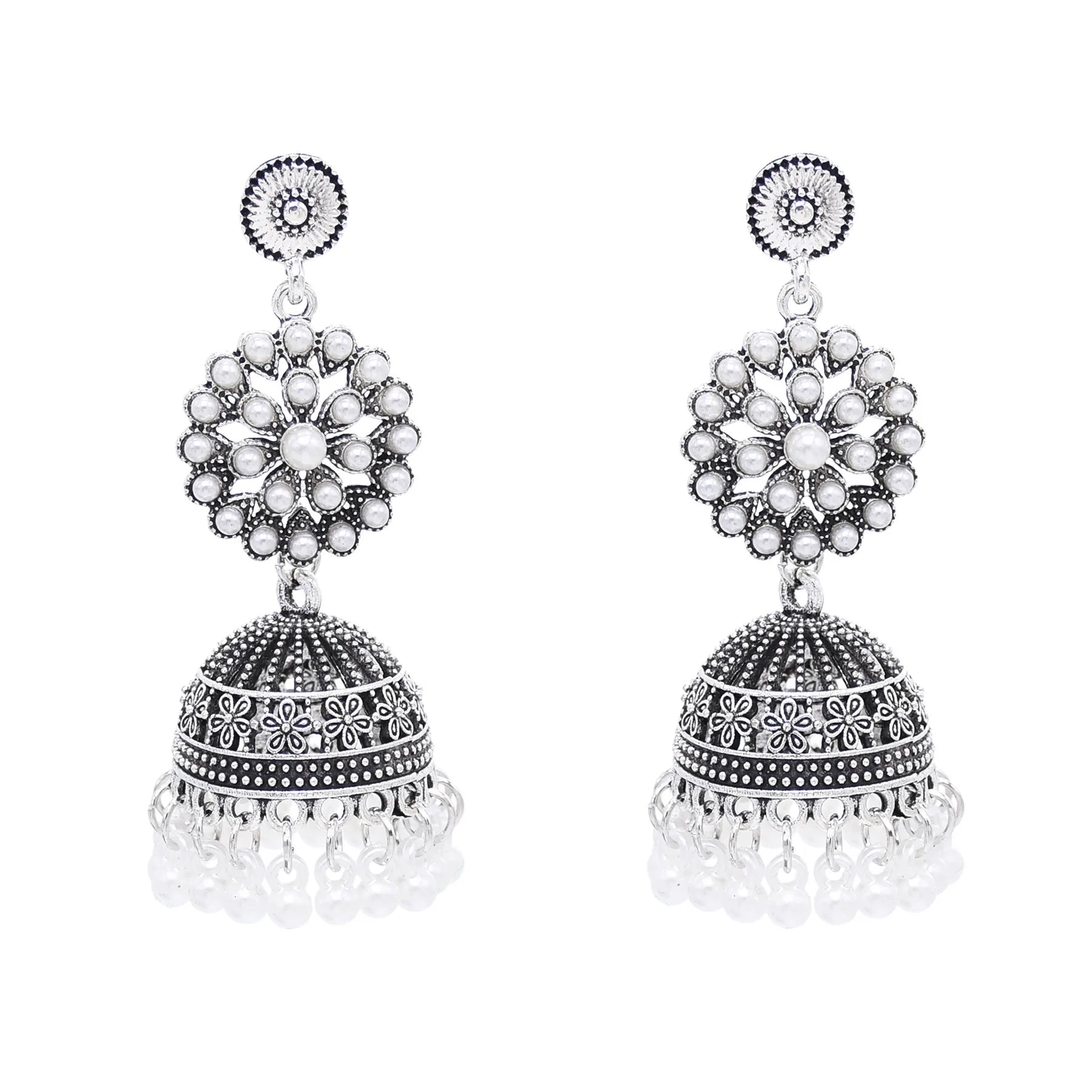 M&T Wear - Traditional Indian Jhumka Earrings for Women | Vintage Peacock Bell Design with Pearl Beads