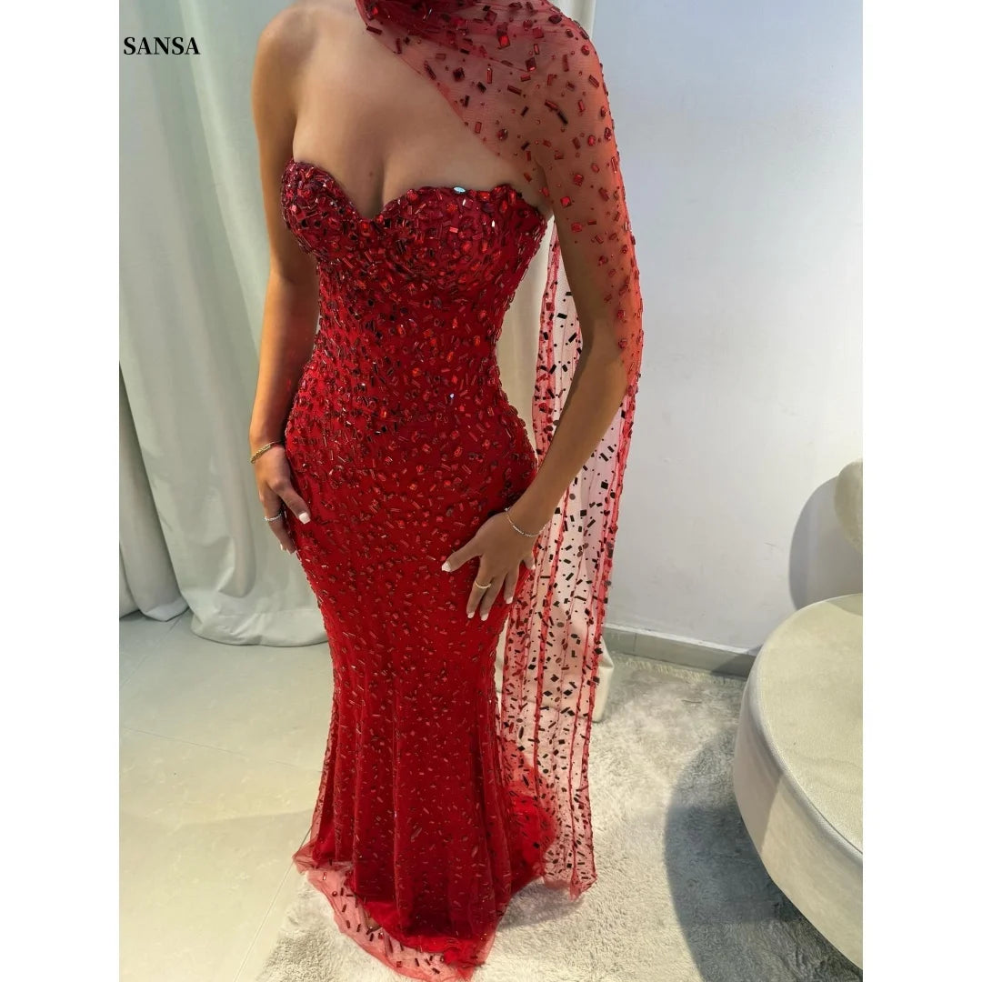M&T Wear - Sansa Customized Red Mermaid Glitter Strapless Prom Dresses Floor - M&T Wear