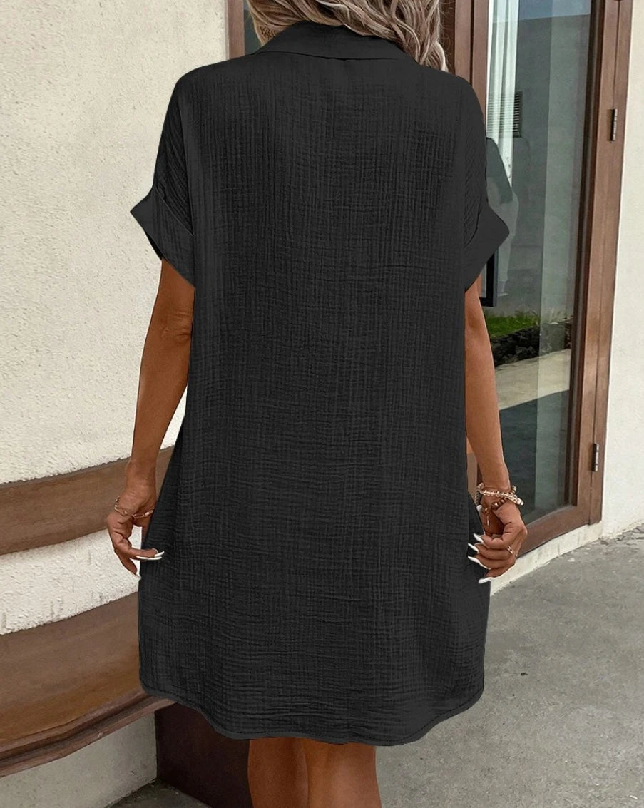 Vintage Solid Cotton-Linen Look Dress