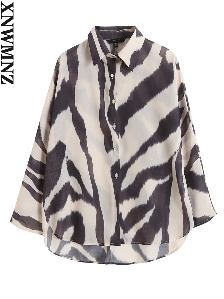 Zebra Print Cotton-Linen Look Blouse