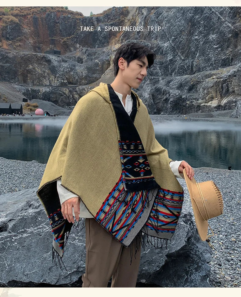 M&T Wear - Winter New Bohemian Shawl Men Ponchos Cashmere Blend Cape Coat Fringe Poncho Vintage Tassel Scarf Hooded Wraps Outwear - M&T Wear