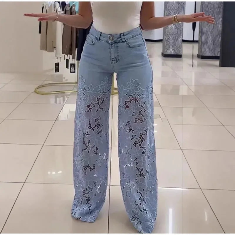 High-Waist Lace Splicing Ankle Jeans