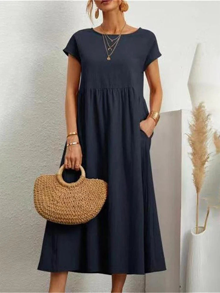Elegant Solid Cotton-Linen Maxi Dress