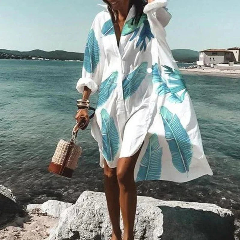 Printed Loose V-Neck Shirt Dress
