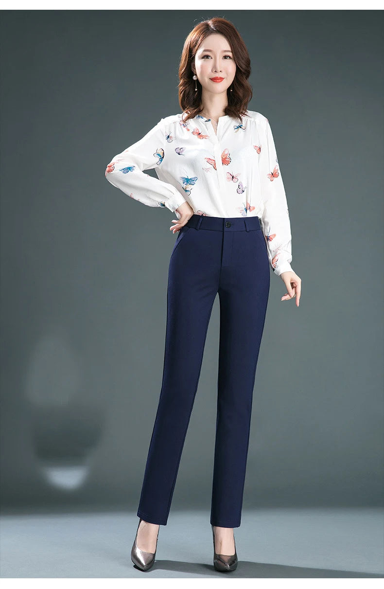 High-Waist Stretch Straight-Leg Casual Trousers