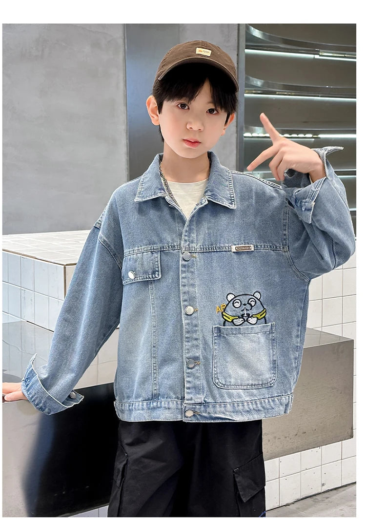 M&T Wear - Kids Denim Jacket Boys Jeans Coat Clothing Fashion Baby Boy Denim Jacket With Cartoon Embroidery Child Casual Streetwear Outfit - M&T Wear