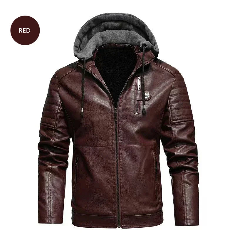 M&T Wear - Faux Leather Jacket Men Fashion Men's Hooded Jackets Autumn Winter Military Style Outwear Zipper Pockets Coat Detachable Hat - M&T Wear