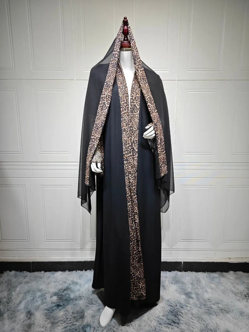 M&T Wear - Leopard Print Chiffon Open Abaya with Zipper
