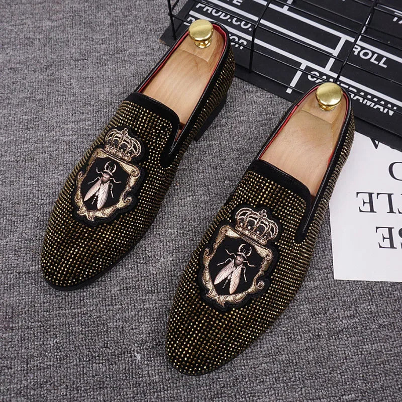 M&T Wear - New Shoes for Men Leather Casual Shoes Luxury Pointed Toe Party Dress Shoes Street Trend Slip-on Rhinestone Crown Loafers - M&T Wear