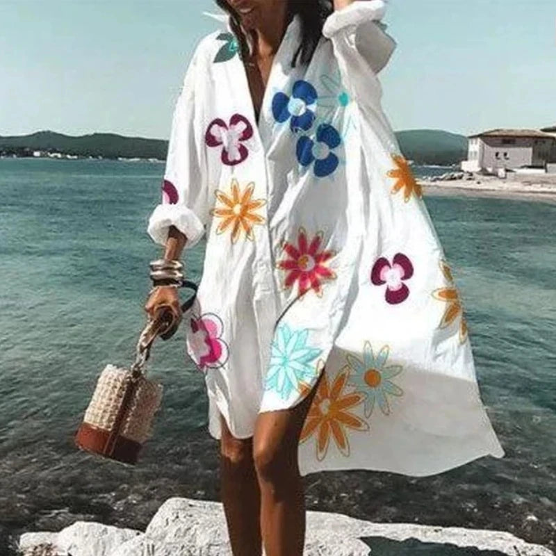 Printed Loose V-Neck Shirt Dress