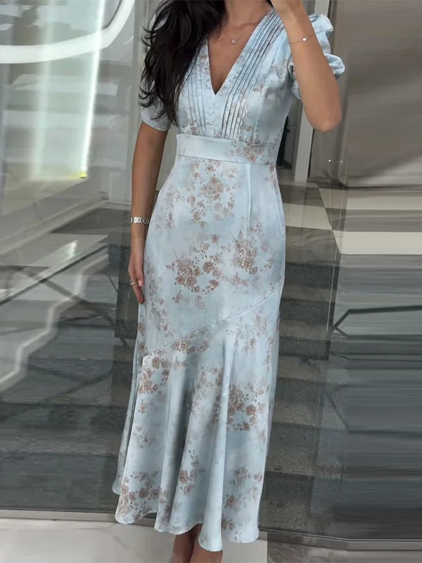 Vintage Polka Dot Puff-Sleeve Maxi Dress