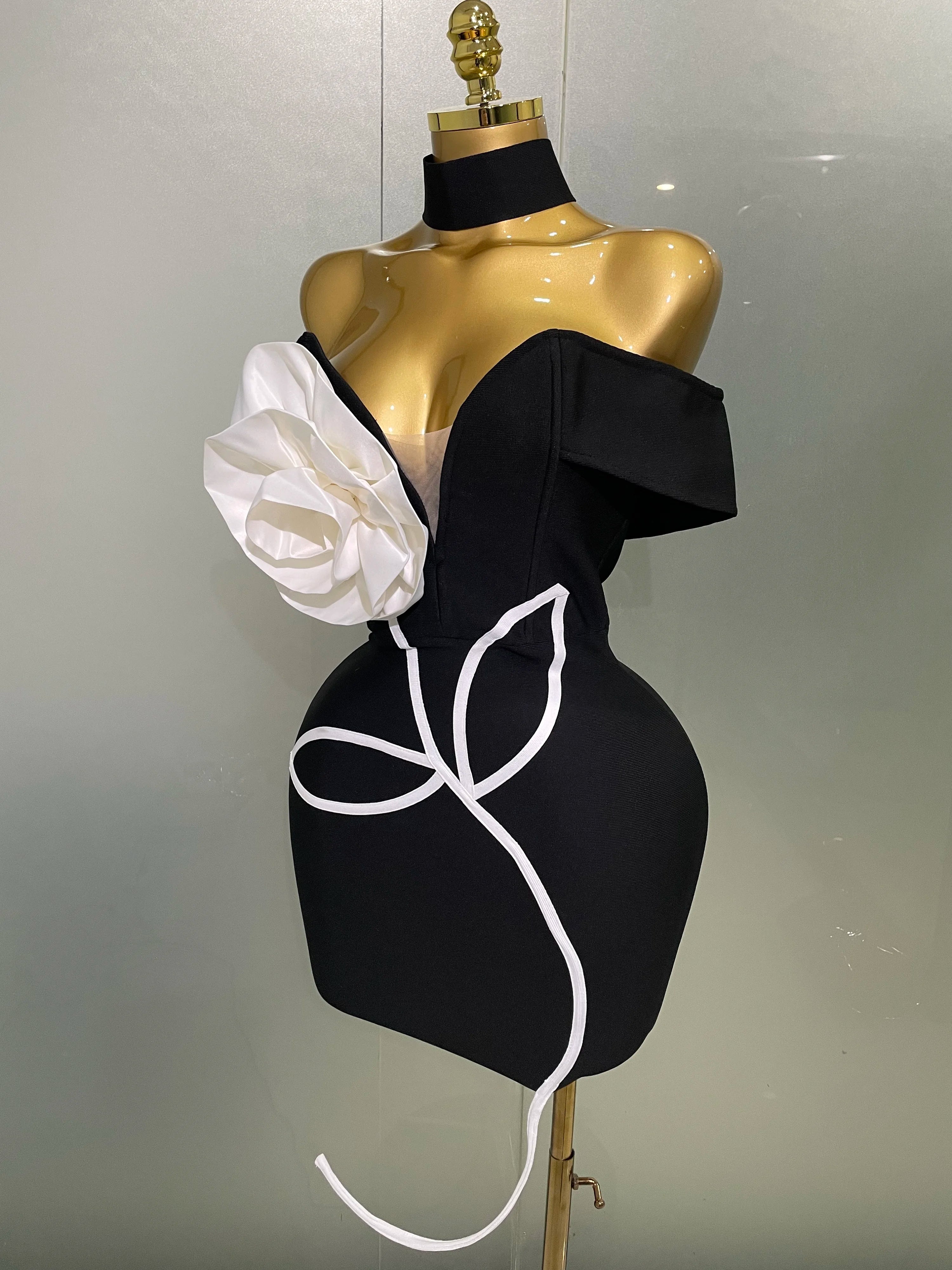 M&T Wear - Women 2025 New Sexy Off Shoulder White Flower Black Mini Bodycon Bandage Dress Luxury Celebrity Evening Club Elegant Party Gowns - M&T Wear