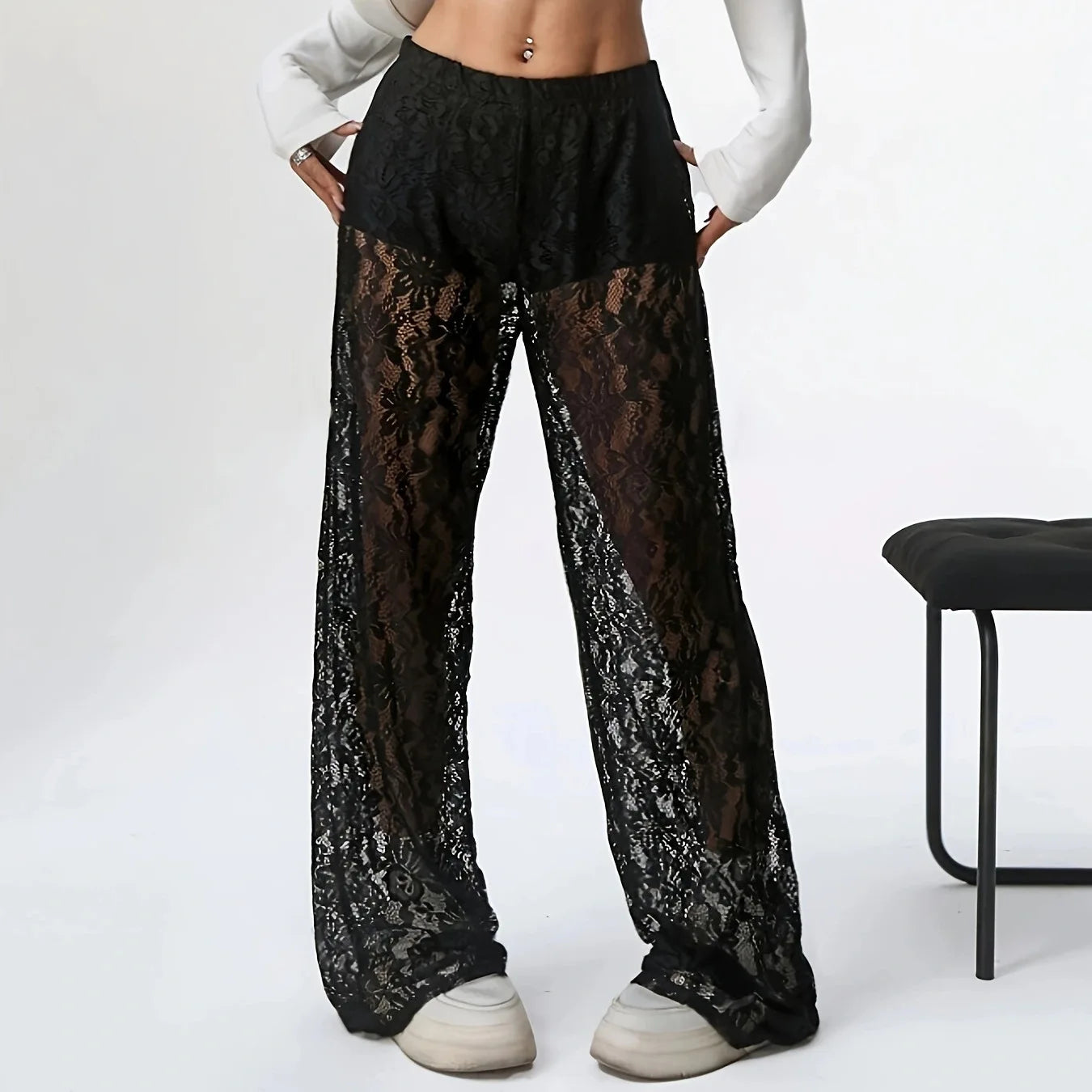 High-Street Lace Jacquard Straight-Leg Pants