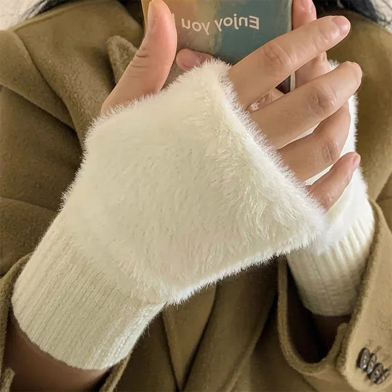 M&T Wear - Soft Winter Half Finger Gloves Women Warm Luxury Solid White Plush Knitted Fingerless Gloves Wrist Mittens Writting - M&T Wear