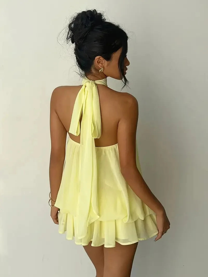 Women's Halter Neck Backless Tie-Front Dress