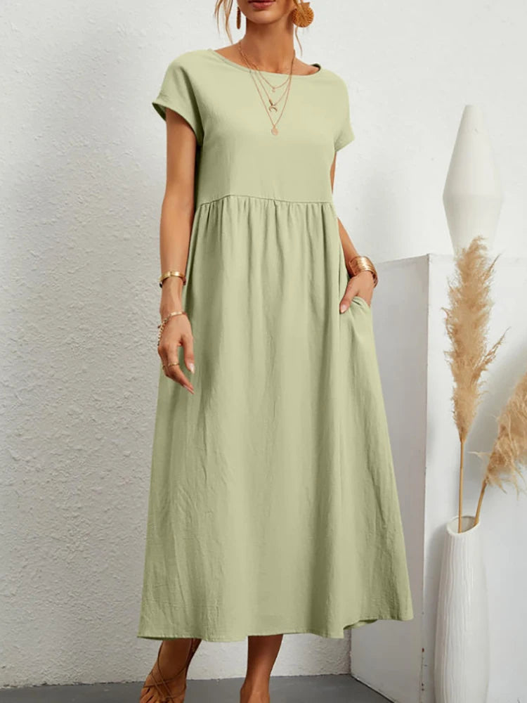 Elegant Solid Cotton-Linen Maxi Dress