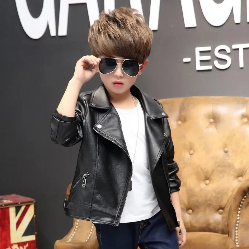 M&T Wear -  faux leather Jacket Children PU Coat Long Sleeve Zip Belt Locomotive Jacket Stylish Teen Kids Boys Jackets - M&T Wear