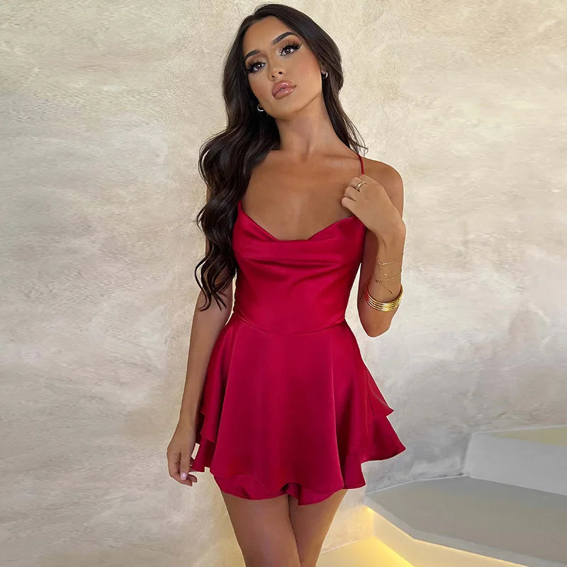 Sexy Solid-Color Backless Suspended Set