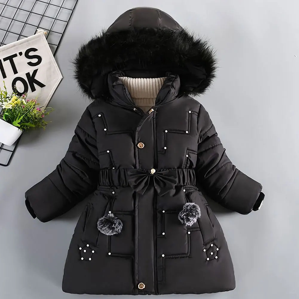 M&T Wear - Children's Winter Jacket Thick Warm Fur Collar Hood Beads Elastic Waist Teens Girls Down Coat,Fashion Windproof Kids Overcoat - M&T Wear
