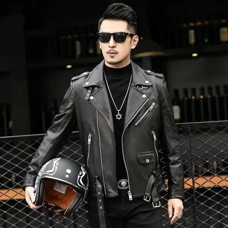 M&T Wear - Men Outdoor Sport Leather Jacket Motorcycle Cool Coat Jacket Men Lapel Leather Jackets Mens Fashion Clothing Real Leather Coat - M&T Wear