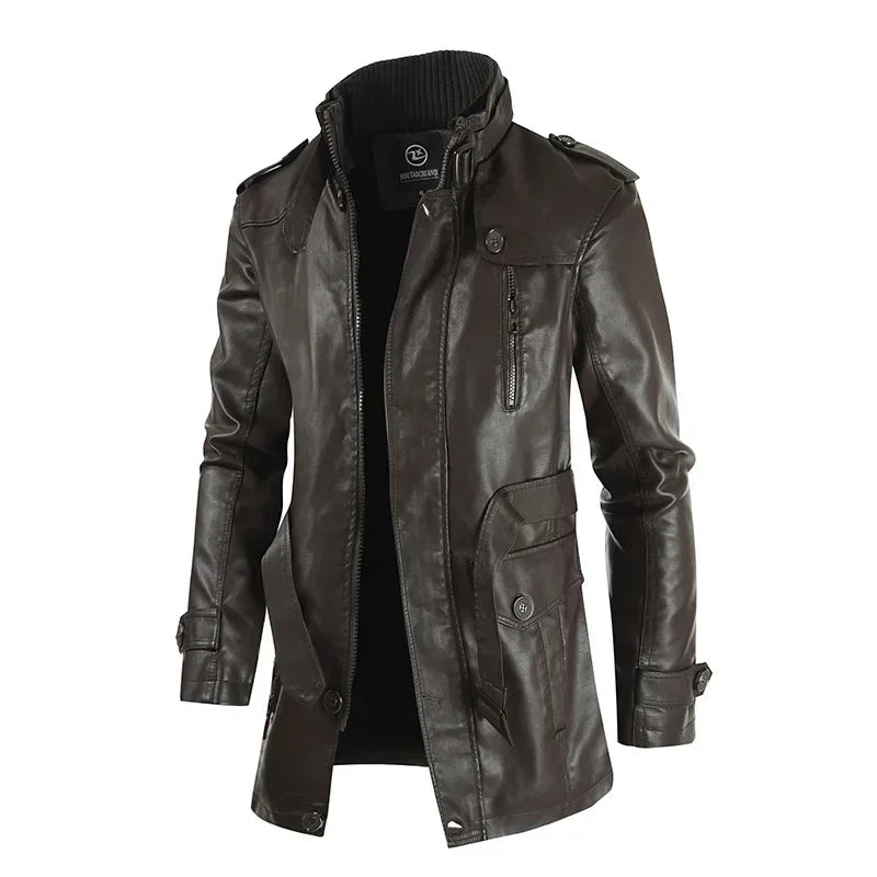 M&T Wear - Biker Jaqueta Winter Men's Thick Fleece Long Leather Jacket Coat mens Outwear Fashion Leather Warm Casual Vintage Jackets - M&T Wear