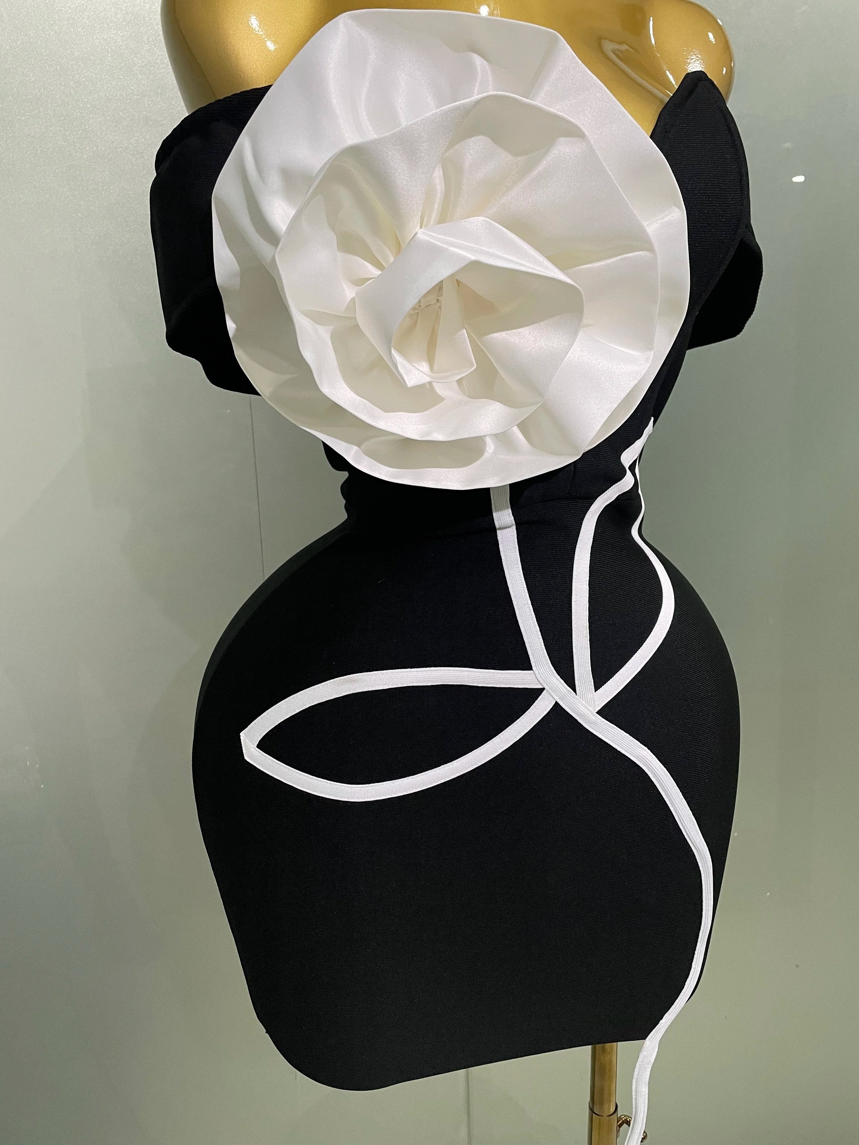 M&T Wear - Women 2025 New Sexy Off Shoulder White Flower Black Mini Bodycon Bandage Dress Luxury Celebrity Evening Club Elegant Party Gowns - M&T Wear