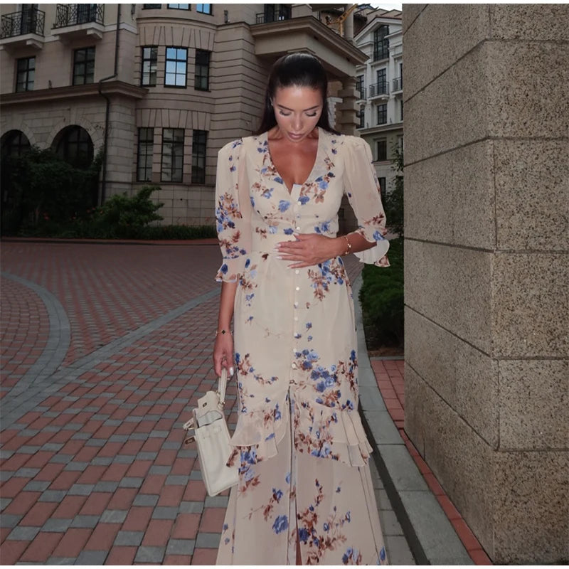 Vintage Polka Dot Puff-Sleeve Maxi Dress