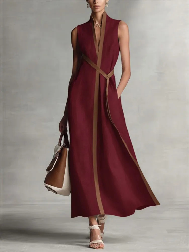 Contrast Color Sleeveless Elegant Slim-Fit Long Dress