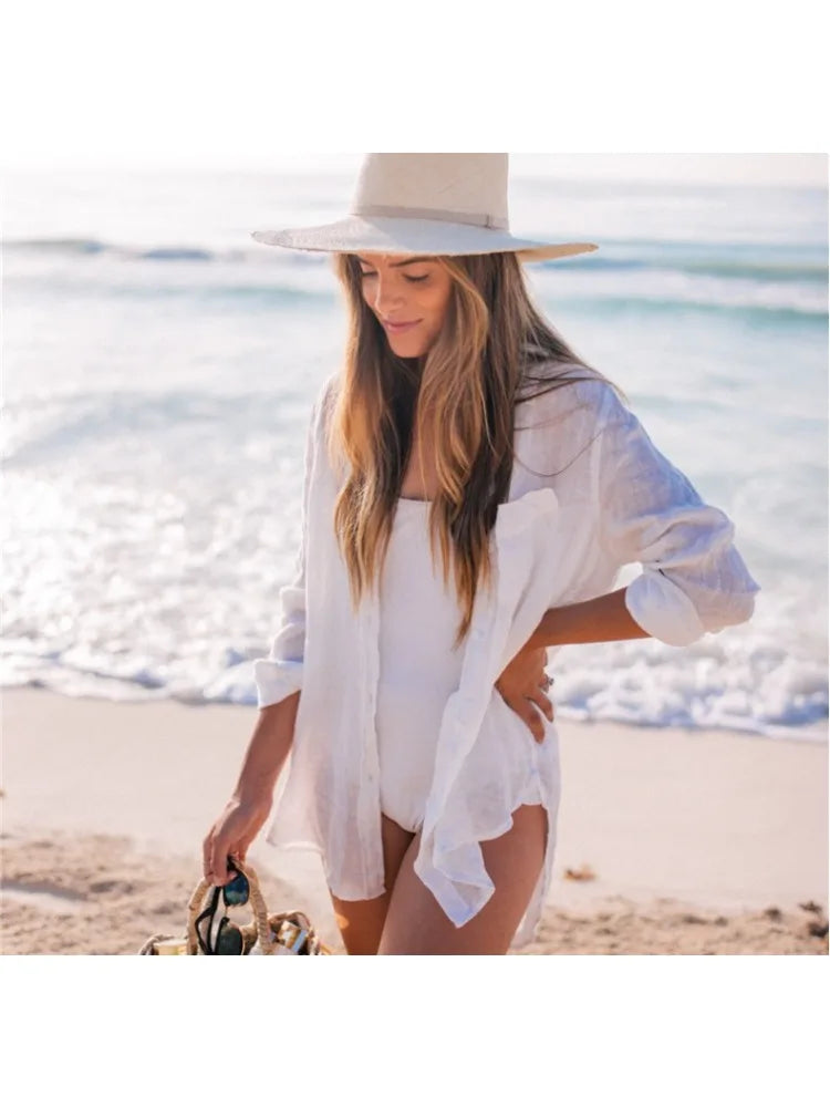 M&T Wear - Women's White Long Sleeve Button-Down Beach Dress