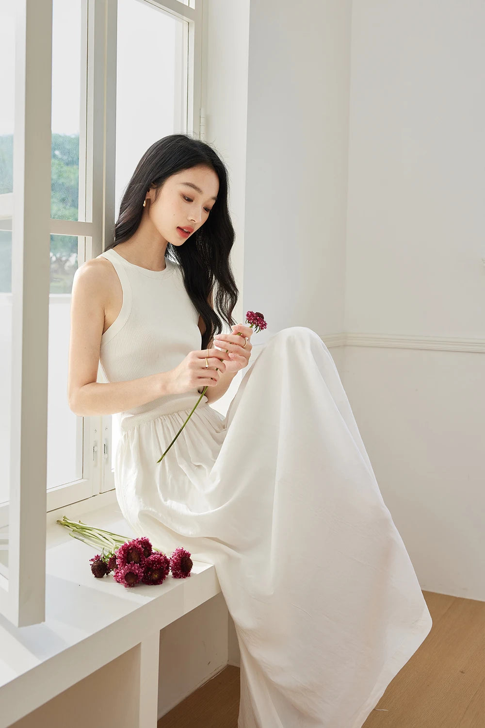 M&T Wear - VIMLY Women White Knit Vest Long Dresses Summer New Simple Elegant Sleeveless Waisted Temperament Party Evening A-Line Dress - M&T Wear