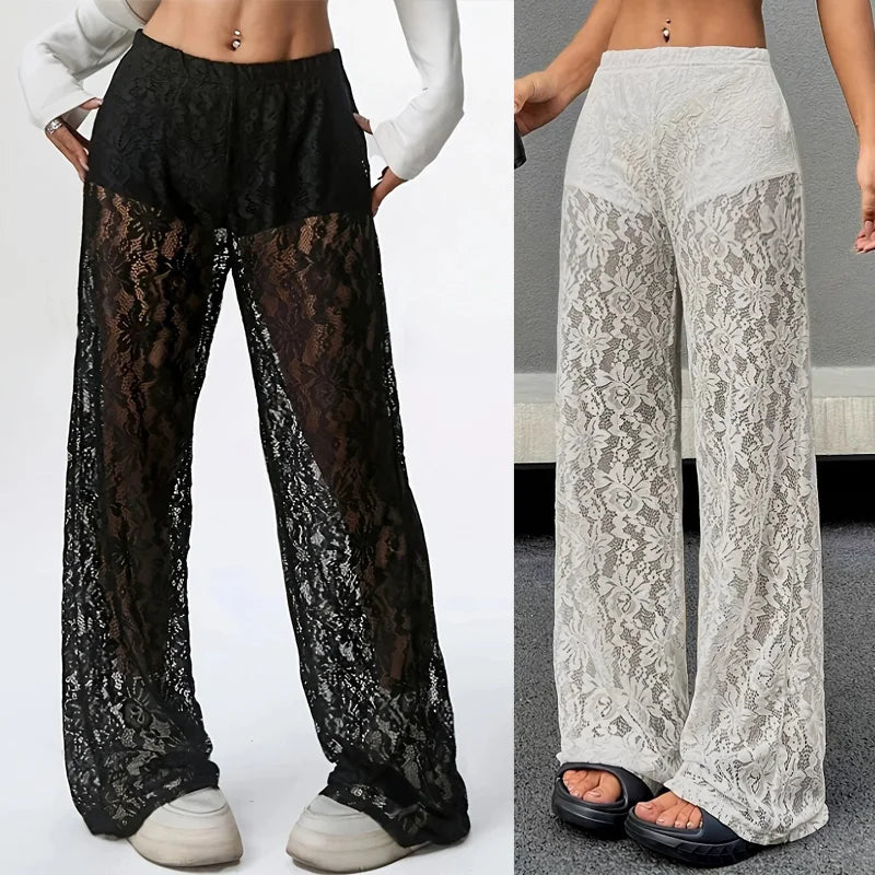 High-Street Lace Jacquard Straight-Leg Pants