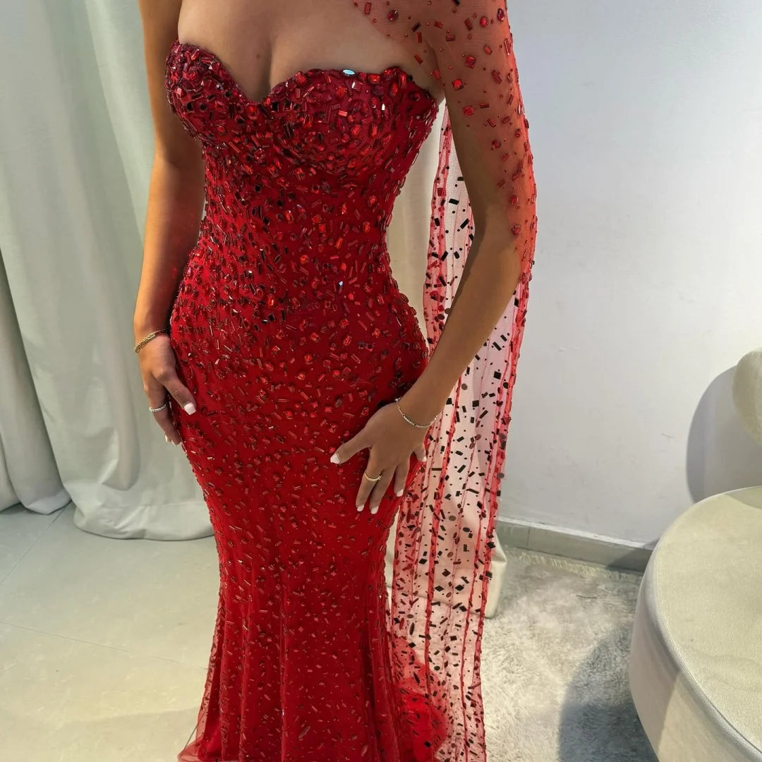 M&T Wear - Sansa Customized Red Mermaid Glitter Strapless Prom Dresses Floor - M&T Wear