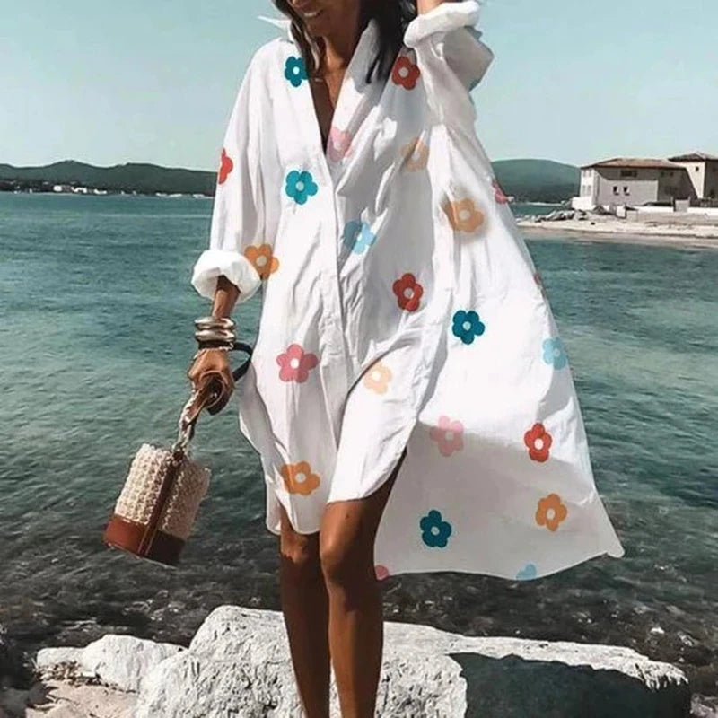 Printed Loose V-Neck Shirt Dress