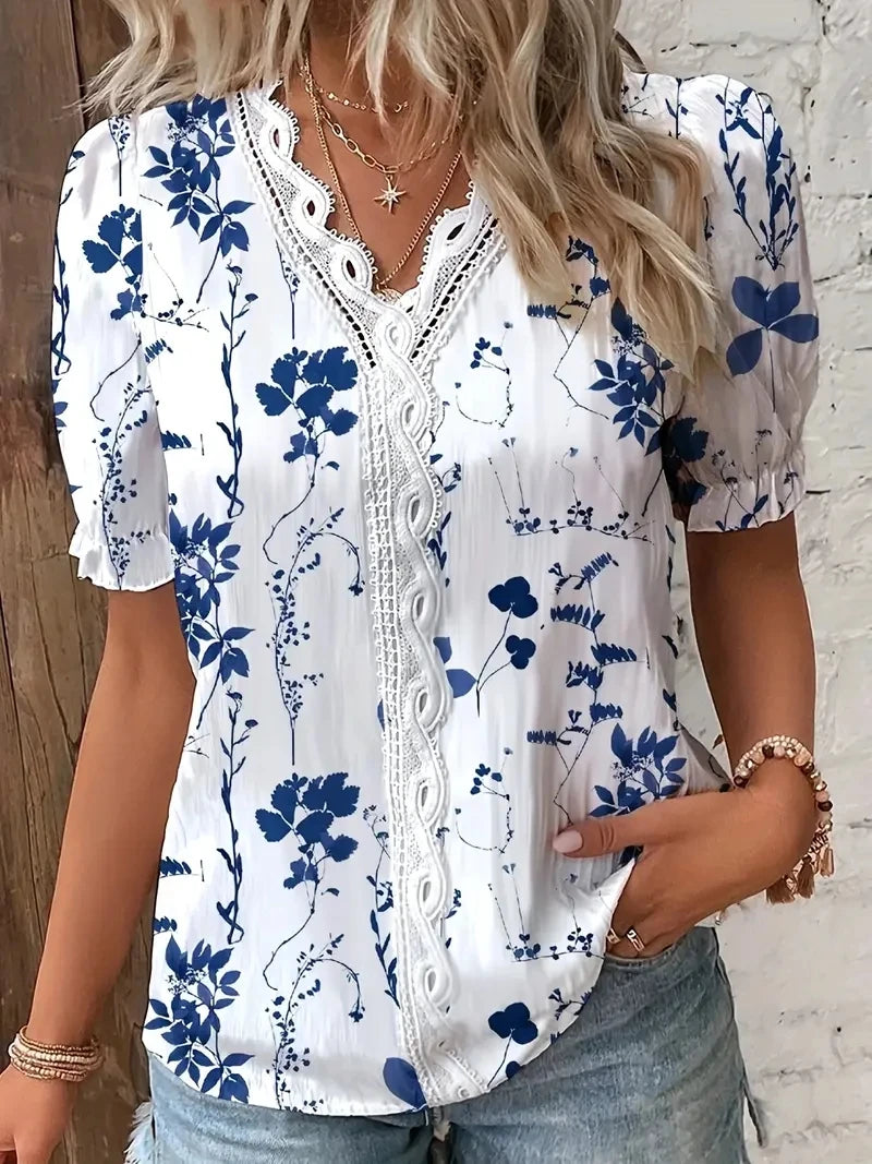 Elegant V-Neck Hollow Out Vacation Blouse