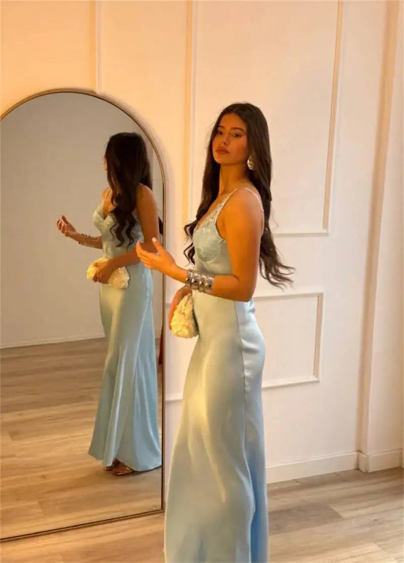 Blifanbo Lace Patchwork Satin Maxi – Backless Bodycon Party Dress